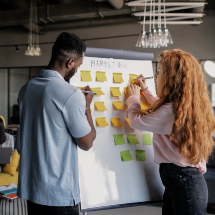 Marketing team planning a campaign on a whiteboard